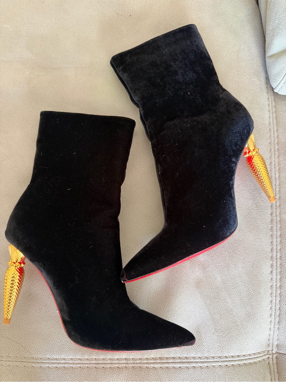 Christian Louboutin Black Velvet Ankle Boots with Gold Sculptural Heel